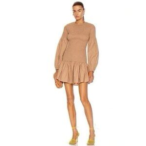 A.L.C. 'Kora' Smocked Bodice Drop Waist Puff Sleeve Mini Dress in Tan Size 6